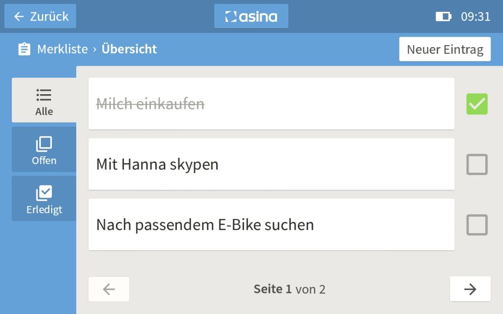 Screenshot der asina Merkliste-App